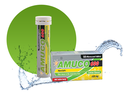 Amuco 600 Mucolytic effervescent tablets box for breaking up phlegm and mucus