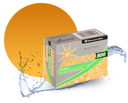 Amuco 200 Mucolytic effervescent tablets box for breaking up phlegm and mucus