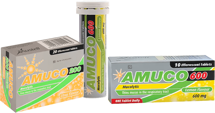 How to avoid the flu - three boxes and a tube of AMUCO mucolytic tablets are shown. The packaging displays two dosages: 200 mg (citrus flavour) and 600 mg (lemon flavour), designed to thin mucus in the respiratory tract.